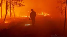 Petugas pemadam kebakaran memerangi api dekat Landiras, barat daya Prancis, 17 Juli 2022. Petugas pemadam kebakaran berjuang melawan kebakaran hutan yang berkobar di luar kendali di Prancis dan Spanyol ketika Eropa layu di bawah gelombang panas luar biasa ekstrem. (SDIS 33 via AP)