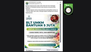 Tangkapan layar klaim link pendaftaran untuk mendapatkan BLT UMKM sebesar Rp 5 juta yang beredar di Facebook.