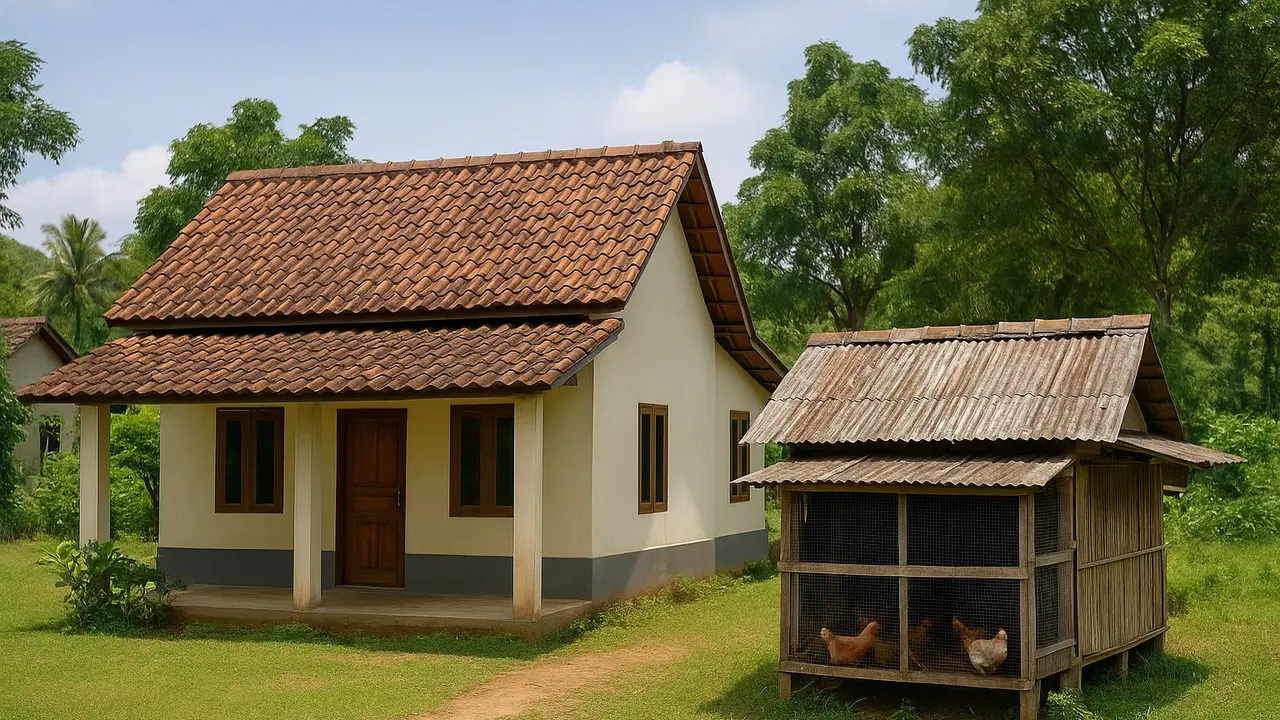 Ilustrasi Rumah dengan Kandang Ayam
