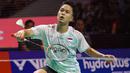 Aksi Anthony Ginting saat melawan wakil Belgia, Julien Carraggi pada babak 32 besar Indonesia Masters 2026 di Istora Senayan, Jakarta, Rabu (21/1/2026). (Bola.com/Abdul Aziz)