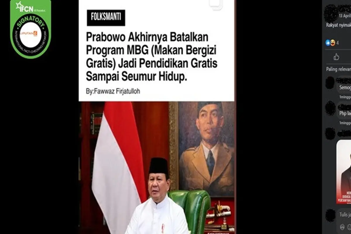 Gambar tangkapan layar kabar tentang Presiden Prabowo membatalkan program BMG dan mengubahnya jadi pendidikan gratis seumur hidup. (sumber: Facebook)