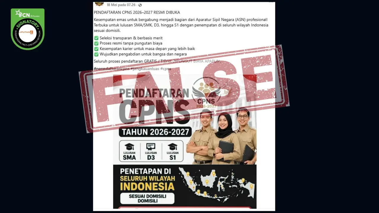 Cek Fakta Liputan6.com menangkap layar klaim link pendaftaran CPNS 2026-2027 untuk lulusan SMA sampai S1