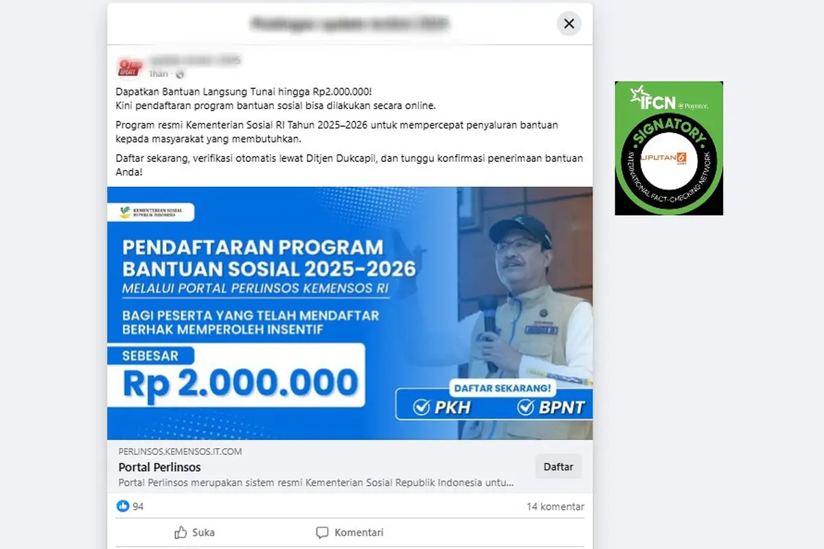 Tangkapan layar postingan klaim link pendaftaran bansos melalui portal Perlinsos Kemensos yang beredar di Facebook.