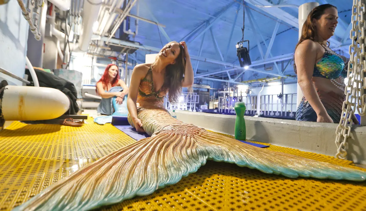 Ashley Soltis (kiri), Hales Parcels (tengah) dan Malena Sharkey yang berperan sebagai putri duyung bersiap untuk penampilannya di Virginia Aquarium di Virginia Beach (3/4). (AP Photo/Steve Helber)