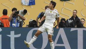 Gonzalo Garcia merayakan gol pembuka untuk Real Madrid dalam laga babak 16 besar Piala Dunia Antarklub melawan Juventus di Miami Gardens, Florida,&nbsp;Rabu (2/7/2025). (AP Photo/Lynne Sladky)