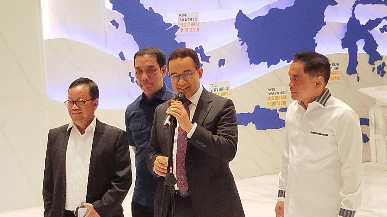 Calon presiden nomor urut 1, Anies Baswedan bertandang ke gedung DPP Partai NasDem di Nasdem Tower, Jakarta Pusat, Senin (22/4).<br>