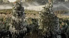 Lapisan es tipis menyelimuti tanaman hias di Taman Plant, Fla di Florida tengah (4/1). Cuaca ekstrem yang melanda daerah di AS membuat petani menyemprotkan air ke tanaman untuk membantu melindungi dari suhu yang sangat dingin. (AP Photo / Chris O'Meara)