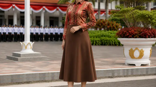 Batik Bernuansa Merah dan Rok Cokelat Model A-Line