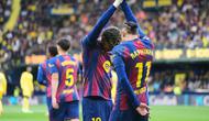 Penyerang Barcelona, Raphinha merayakan golnya ke gawang Villarreal bersama Lamine Yamal, Minggu (21/12/2025) (AP Photo/Alberto Saiz)