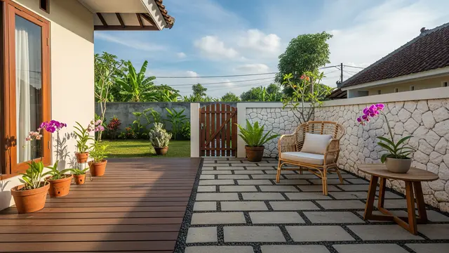 Desain Teras Rumah Sederhana yang Membuat Rumah Terasa Lebih Rapi dan Fungsional Model Lantai Kayu atau Batu Alam