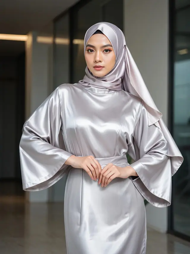 Gamis Satin Tangan Trompet Modern