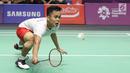 Tunggal putra Indonesia, Anthony Sinisuka Ginting saat melawan pemain China, Shi Yuqi pada final Bulutangkis Beregu Putra Asian Games 2018 di Jakarta, Rabu (22/8). Anthony Sinisuka Ginting  menyerah 21-14, 21-23, 20-22 (Liputan6.com/Helmi Fithriansyah)