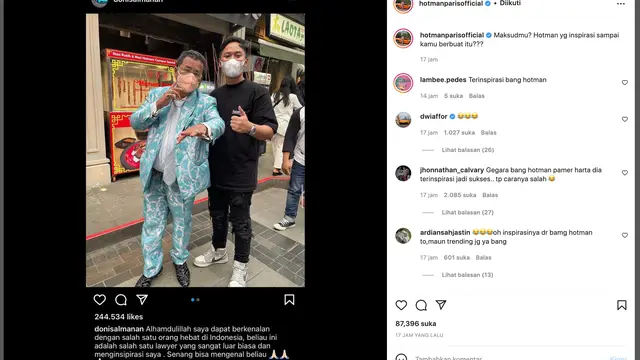 Unggahan Hotman Paris soal Doni Salmanan. (Foto: Dok. Instagram @hotmanparisofficial)