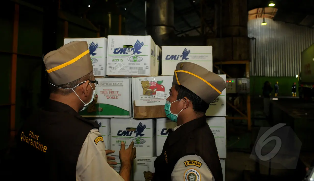 Petugas Badan Karantina Kementerian Pertanian memeriksa tumpukan kardus berisi apel yang tidak layak dan tidak aman makan untuk dimusnahkan dengan alat pembakar insenerator di Karawang, Jawa Barat, Jumat (6/3/2015). (Liputan6.com/Helmi Fithriansyah)