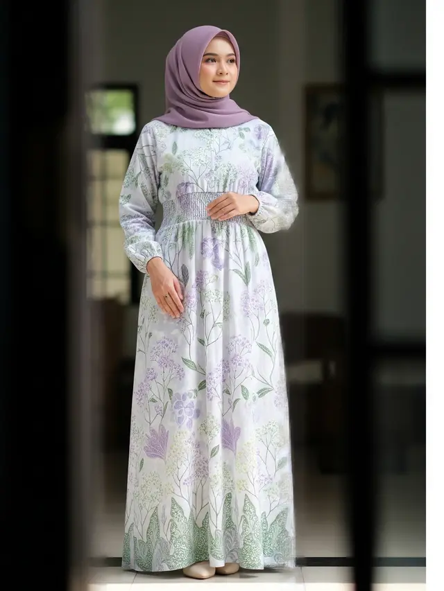 Gamis Batik Smock Waist Motif Bunga Baby’s Breath Pastel