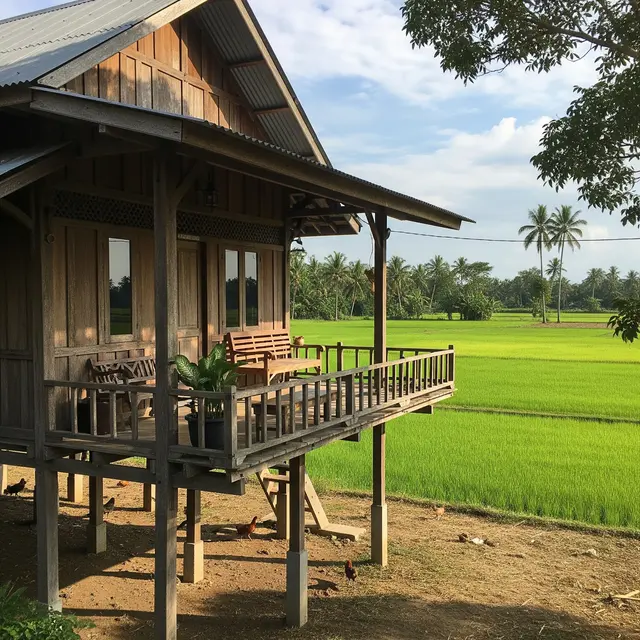 Rumah Sederhana di Desa dengan Pemandangan Sawah