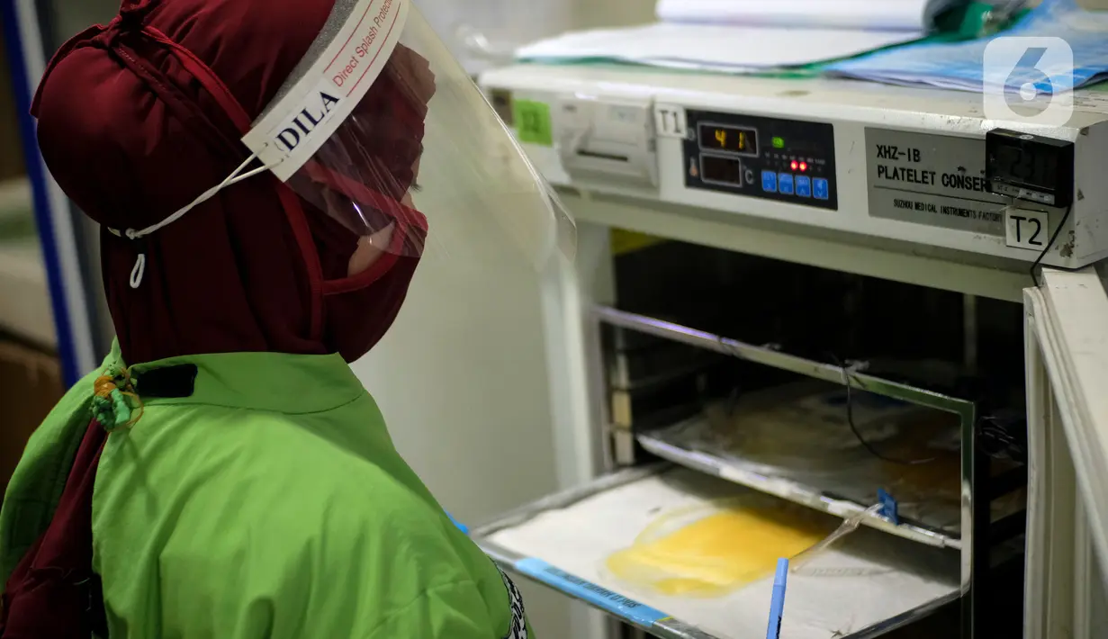 Staf Laboratorium Palang Merah Indonesia (PMI) Kota Tangerang melakukan pendataan stok darah yang ada di Laboratorium PMI Kota Tangerang, Banten, Jumat (28/8/2020). Kurangnya stok darah salah satunya karena pandemi COVID-19 yang menyebabkan berkurangnya pendonor. (Liputan6.com/Angga Yuniar)