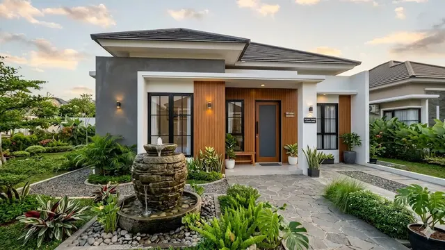 Ide Kombinasi Batu Alam dan Air di Depan Rumah