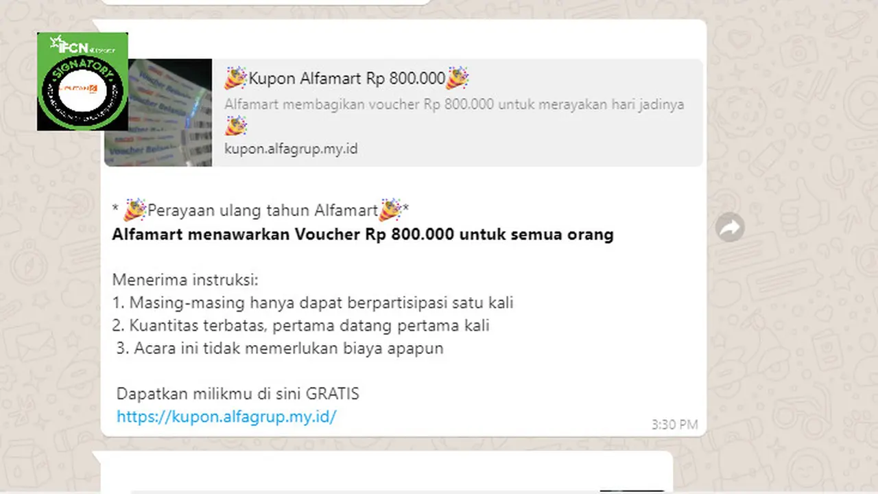 Cek Fakta Liputan6.com menelusuri informasi Alfamart merayakan ulang tahun dengan membagikan voucher gratis Rp 800 ribu