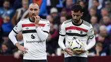 Ekspresi kecewa pemain Manchester United, Christian Eriksen (kiri) dan Bruno Fernandes pada laga lanjutan Liga Inggris 2024/2025 melawan Aston Villa di Villa Park, Birmingham, Inggris, Minggu (06/10/2024). (AP Photo/Rui Vieira)