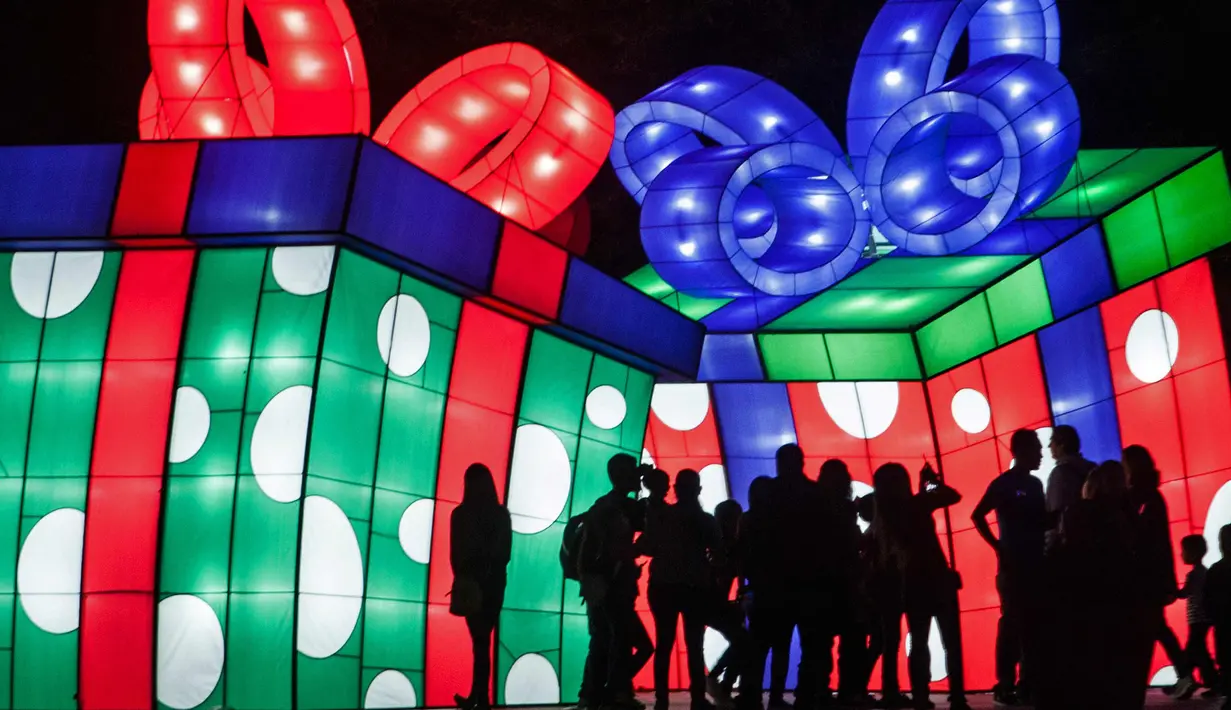 Warga mengunjungi "Luztopia," sebuah festival lampu dan tokoh Natal yang dipamerkan di Paseo Santa Lucia pada awal musim liburan, di Monterrey, Meksiko, (1/12). (AFP Photo/Julio Cesar Aguilar)