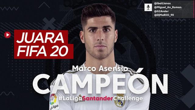 Berita video Marco Asensio juara di turnamen gim FIFA 2020 menggunakan tim Real Madrid. Turnamen tersebut berhasil mengumpulkan 2,5 miliar rupiah untuk kampanye melawan COVID-19.