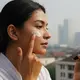 Ilustrasi seorang wanita yang mengoleskan tabir surya untuk melindungi kulit dari penuaan dini akibat polusi. Foto: Gemini