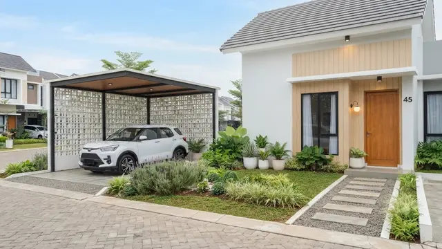 Model Carport Samping Rumah Type 45 dengan Roster dan Taman Kecil