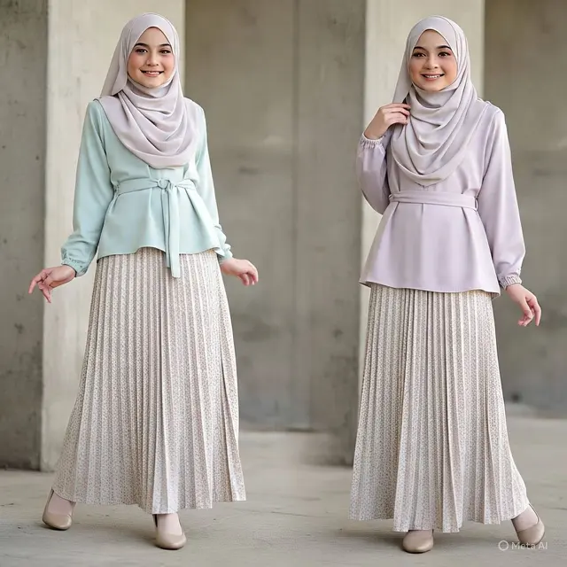 Blouse dengan Rok Plisket untuk Outfit Cewek Pendek Hijab