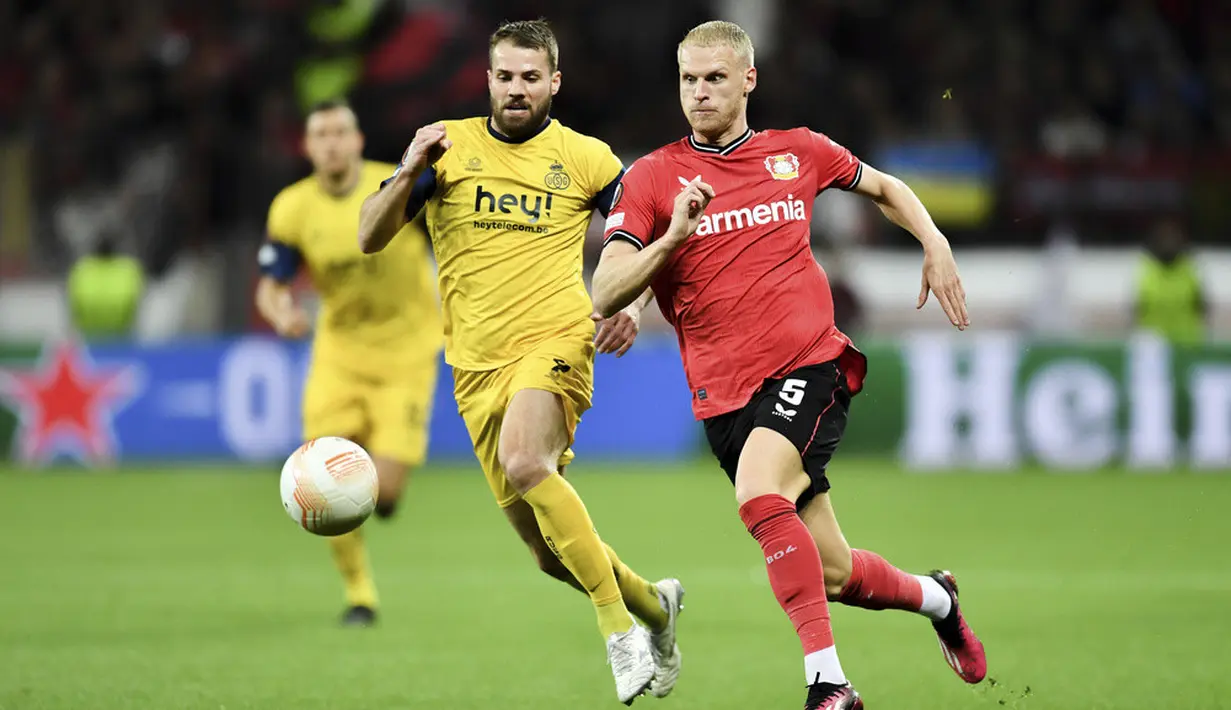 <p>Meski menguasai jalannya pertandingan, Bayer Leverkusen hanya mampu bermain imbang 1-1 melawan Union Saint-Gilloise. (Marius Becker/dpa via AP)</p>