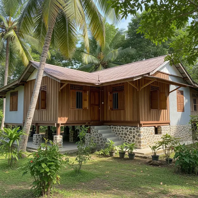 Desain Rumah Kampung dengan Kombinasi Material Alami (AI)