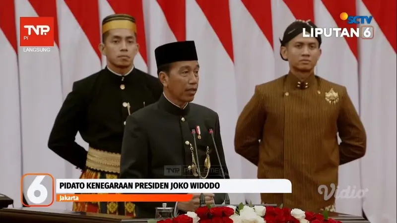 Presiden Joko Widodo atau Jokowi dalam pidato Sidang Tahunan MPR, DPR, DPD tahun 2024 di Gedung Parlemen Jakarta.