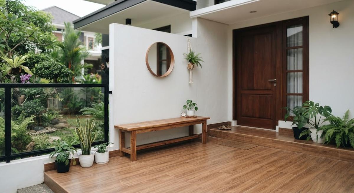 Model teras minimalis dengan lantai motif kayu yang cocok untuk rumah masa kini dengan bangku kayu