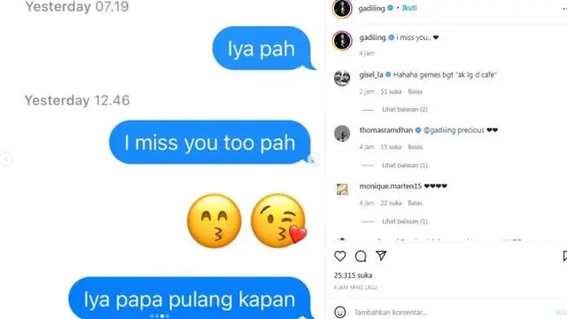 Ungkapan rindu Gempita Nora Marten ke ayahnya, Gading Marten, melalui sebuah chat. (Instagram @gadiiing)