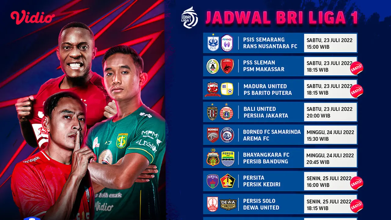 Jadwal dan Live Streaming BRI Liga 1 2022/2023 di Vidio Pekan Perdana, 23-25 Juli 2022