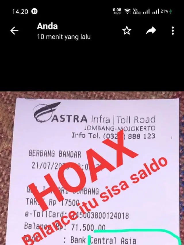 Viral Struk Tol dan Denda Tilang Batas Kecepatan, Operator: Itu Hoax (Ist)
