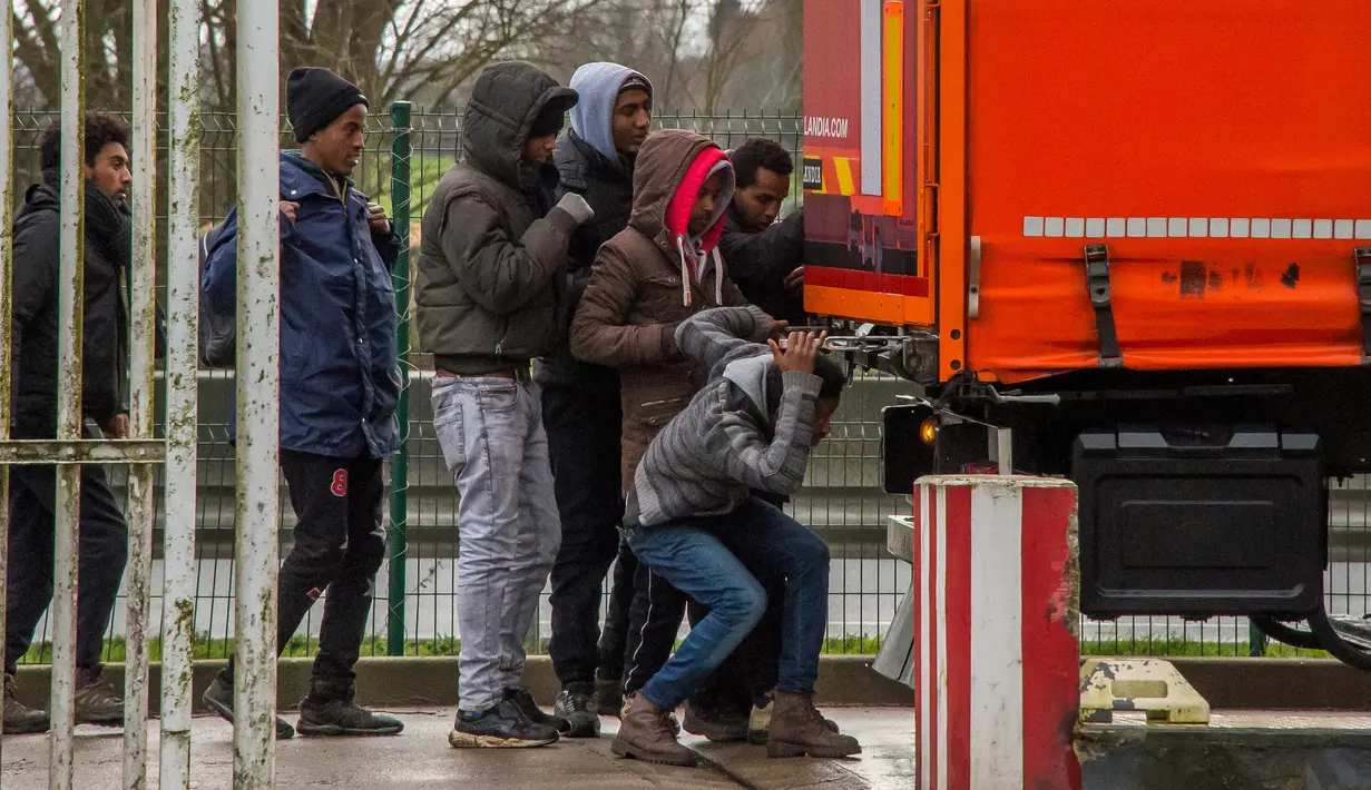 Sejumlah imigran terlihat tengah membuka pintu truk di A25 autoroute, Steenvoorde, Prancis (27/2). Para imigran ini nekat sembunyi saat menghindari kejaran petugas imigrasi. (AFP Photo / Philippe Huguen)