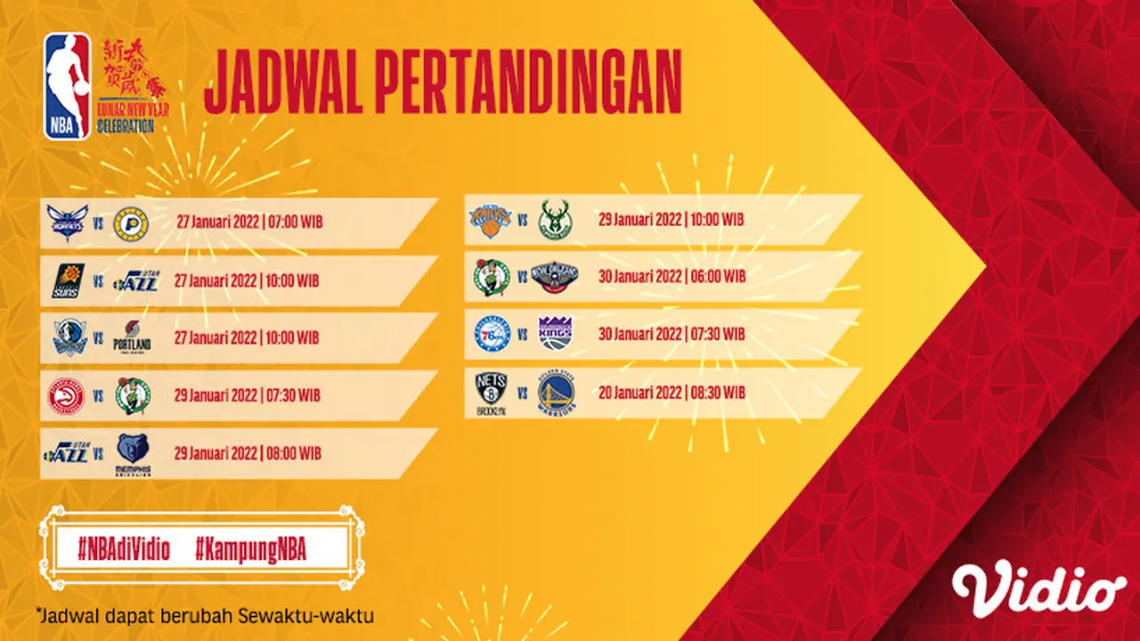 Link Live Streaming NBA 2021/2022 Matchweek 16 di Vidio, 27-30 Januari 2022