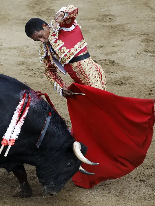 Matador asal Kolombia, Paco Perlaza menghindar dari tandukan banteng di Festival adu banteng di Arena Canaveralejo, Cali, Kolombia, (29/12). Festival ini di adakan tiap setahun sekali menjelang akhir tahun. (REUTERS/Jaime Saldarriaga)