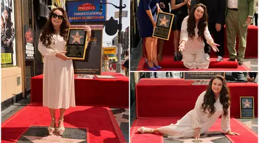 Foto kolase saat penyanyi sekaligus aktris Sarah Brightman menerima penghargaan bintang Hollywood Walk of Fame di Los Angeles, California, Amerika Serikat, 6 Oktober 2022. (AP Photo/Chris Pizzello)