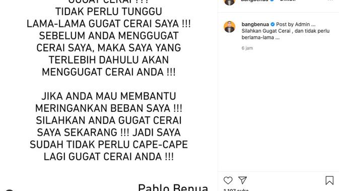 Pablo Benua: Kalau Mau Ringankan Beban, Silakan Gugat Cerai Saya. (instagram.com/bangbenua)