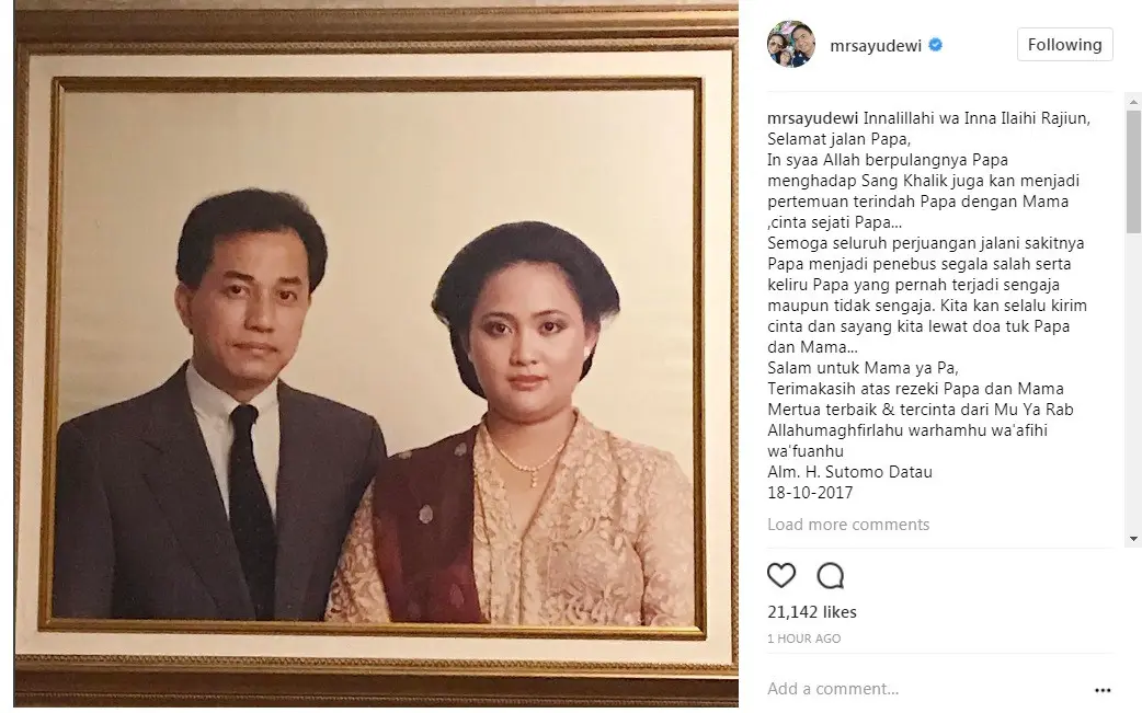 Ayah mertua Ayu Dewi meninggal dunia (Foto: Instagram)