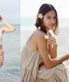 Tie dye bodycon dress warna putih dengan sentuhan rona oranye bak sunset membuat penampilan Pevita Pearce memesona saat berpose di pantai. [Foto: IG/pevpearce].