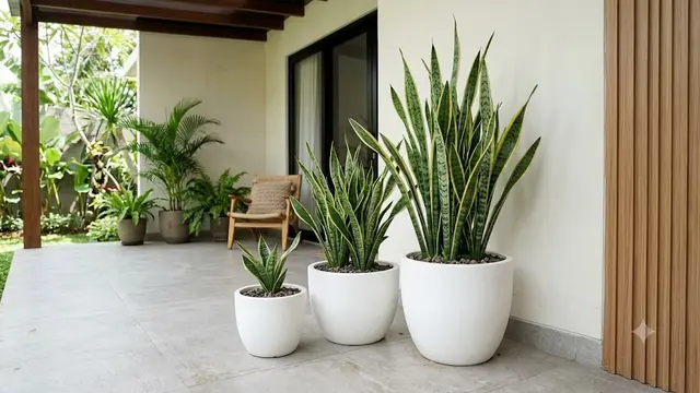 Teras Minimalis dengan Pot Berukuran Bertingkat