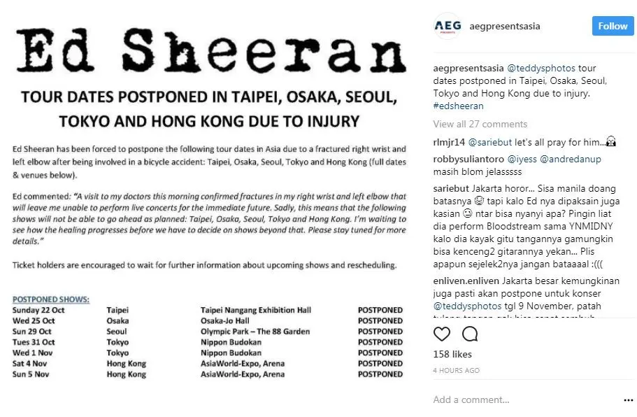Ed Sheeran menunda jadwal konser di beberapa kota di Asia. [foto: instagram/aegpresentsasia]