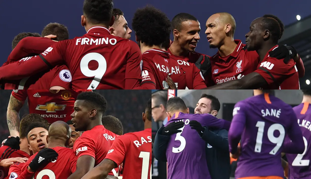 Liverpool berhasi menjaga jarak dengan Manchester City usai mengalahkan Crystal Palace 4-3 pada pekan ke-23 Premier League. Sementara itu Manchester City masih membayangi Liverpool dengan selisih empat poin saja. (Kolase Foto AFP)