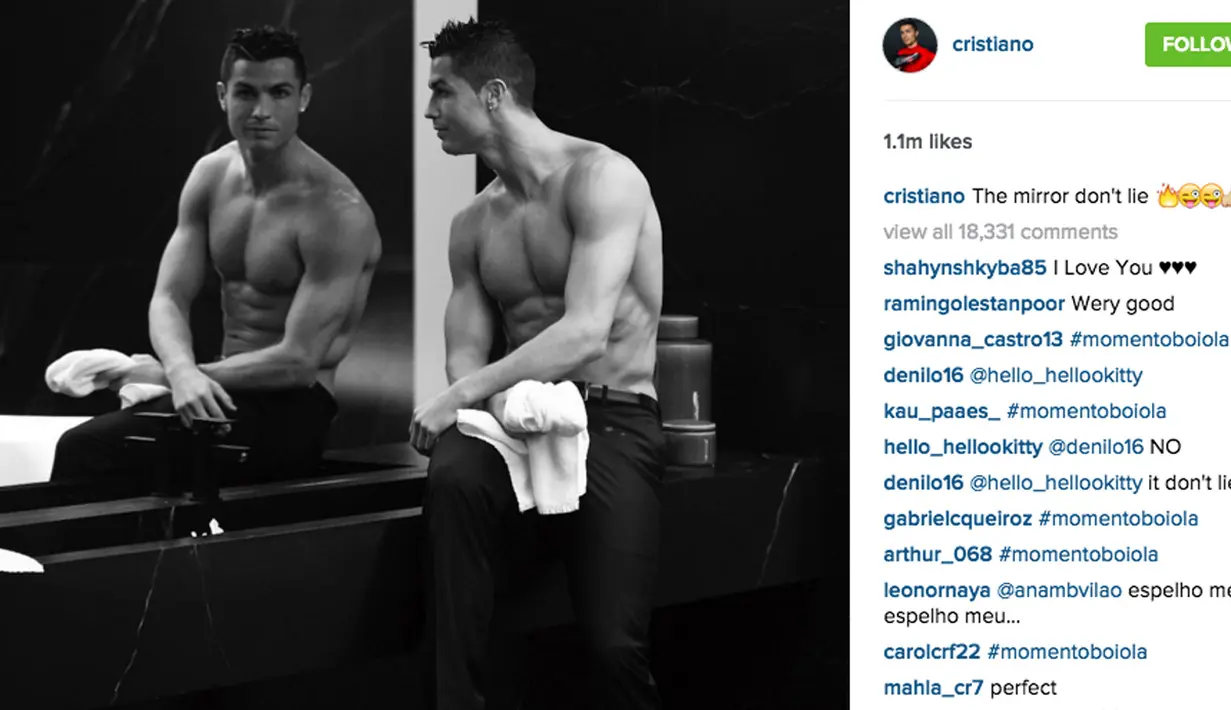 Bintang Real Madrid, Cristiano Ronaldo memiliki 45,4 juta Followers di Instagram miliknya, Ronaldo merupakan pemain bola dengan pengikut terbanyak, dia juga terlihat sangat memposting kebahagiaanya bersama putra tercinta pada Instagram. (Photo/Instagram)