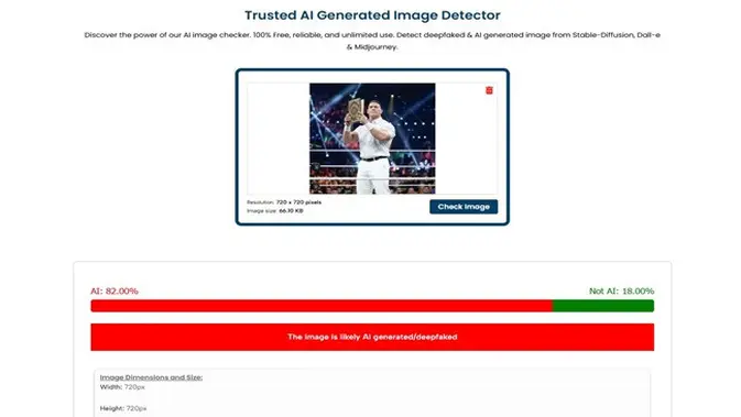 <p>Gambar tangkapan layar penelusuran foto menggunakan situs aidetectcontent.com.</p>