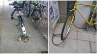 Cara Nyeleneh Orang Mengunci Sepeda. (Sumber: Twitter/@txtdarigajelas dan Brilio.net)