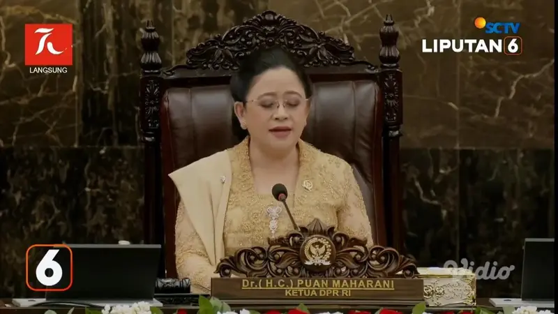 Ketua DPR RI Puan Maharani saat pidato pada sidang tahunan 2024.